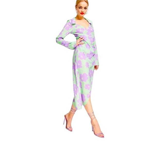 NWOT ASOS Design 70s Drape Front Wrap Midi Dress Green/Lilac Floral – Sz 4 - Picture 6 of 9